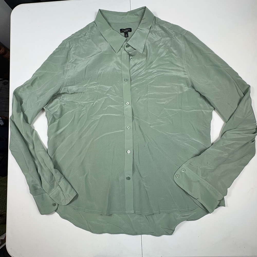 Talbots 100%‎ Silk Button Down Blouse Womens 16 Sage Green Career Minimalist
